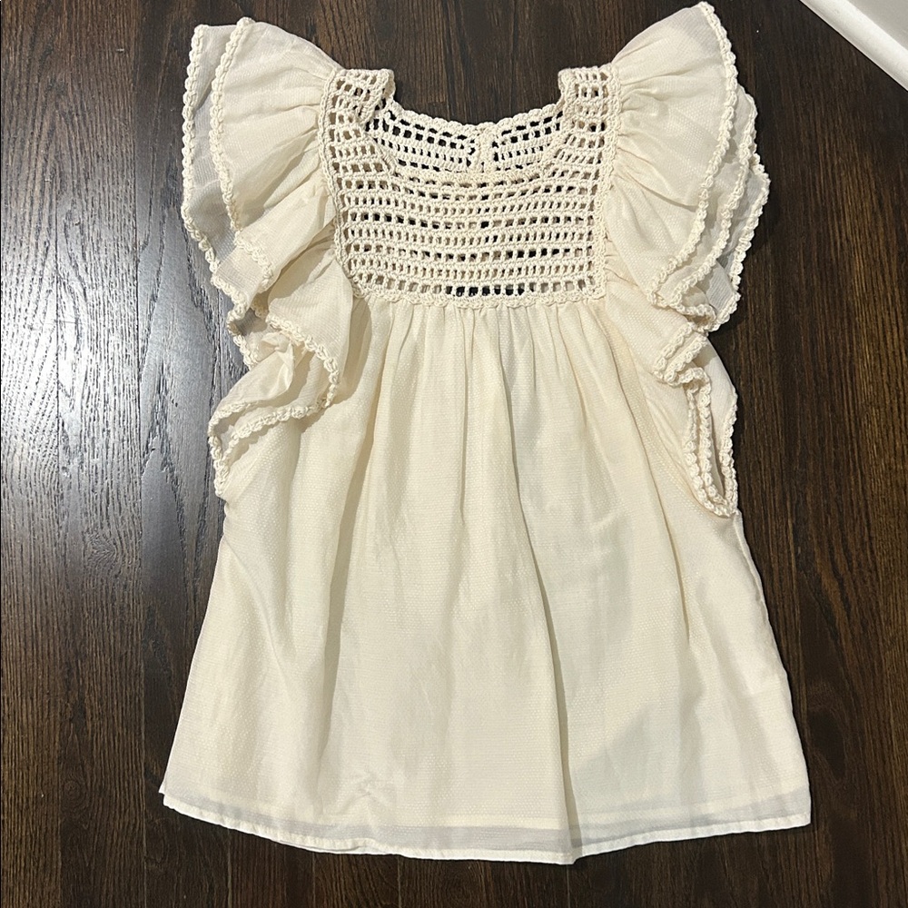 Magali Pascal Saks Lottie Crochet Ruffle Sleeve Top. Ivory cotton-silk